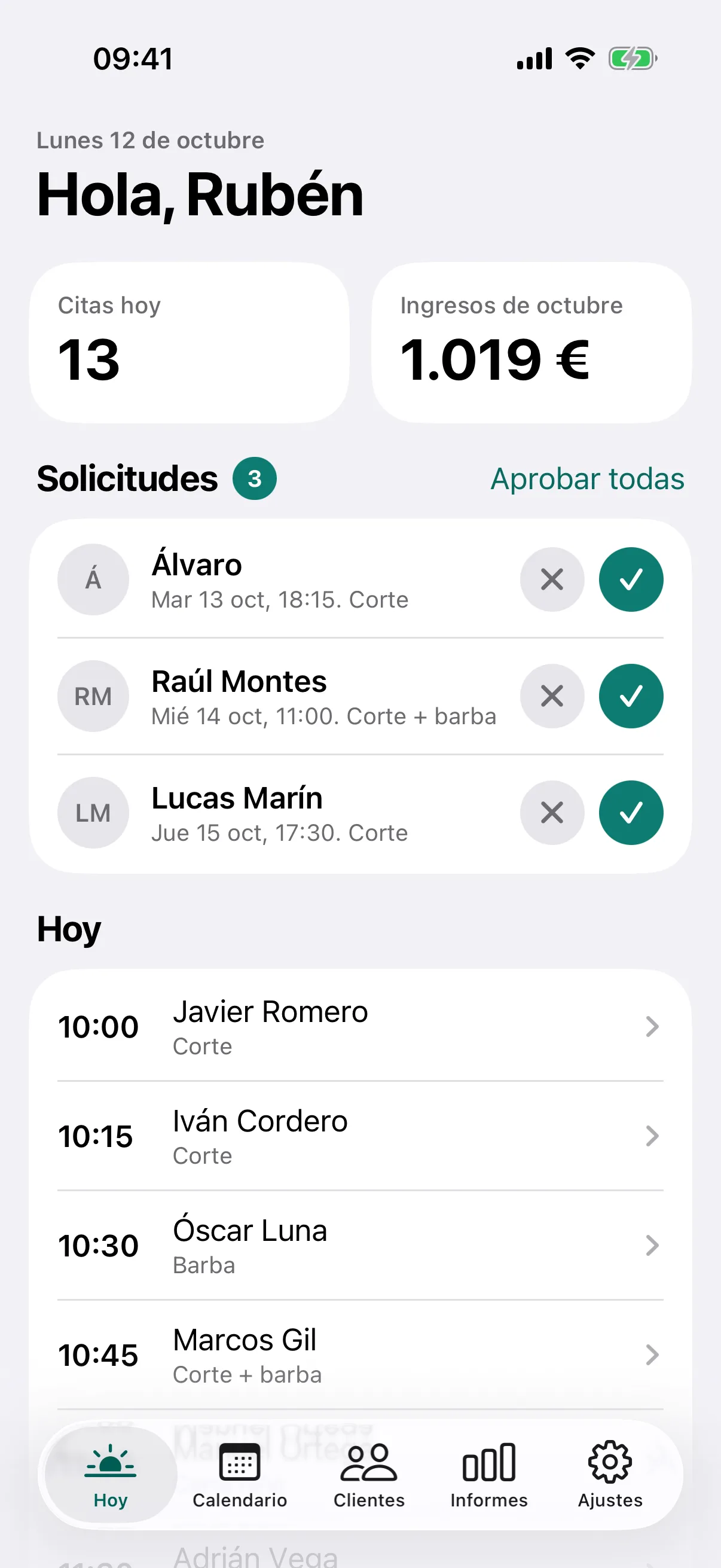 La pantalla de hoy del barbero: citas del día y solicitudes por aprobar